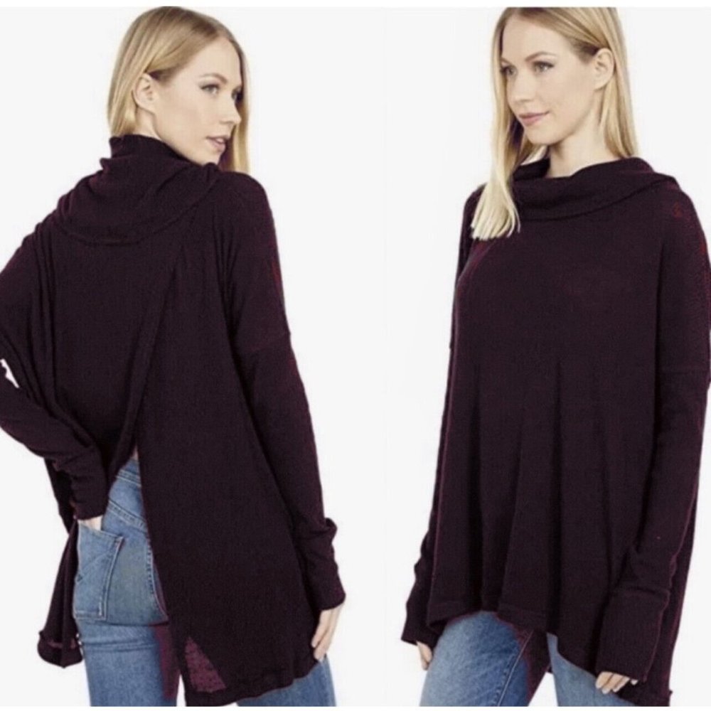 NWT Free People Sweater XS Oversized Cowl Neck Draped Tunic Top Date Night Wine
